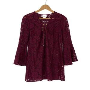 Eci New York Women’s Size XS Burgundy Red Lace Sheer Bell Sleeve Peasant Blouse